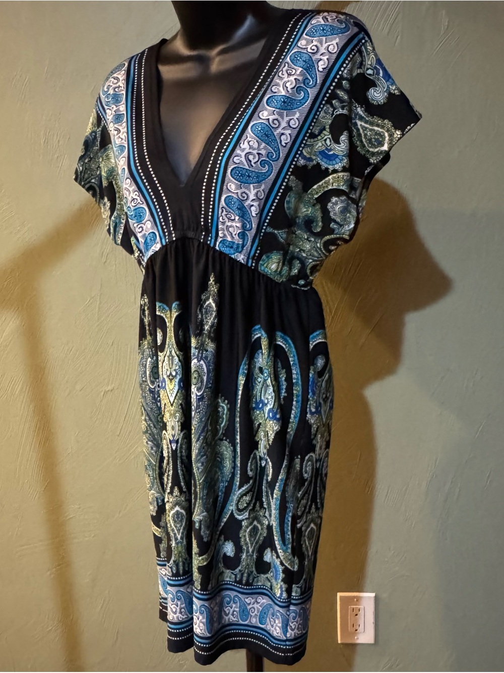 Bailey Blue Paisley V-Neck Dress Empire Waist Women's Size M Black Blue Green - Picture 11 of 13